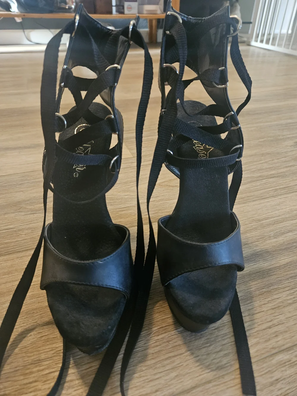 Qupid Black Lace-Up Platform Stiletto Sandals
